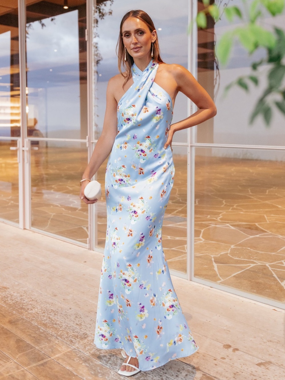 Petal & Pup Mila Halterneck Backless Maxi Dress in Cornflower Blue Floral